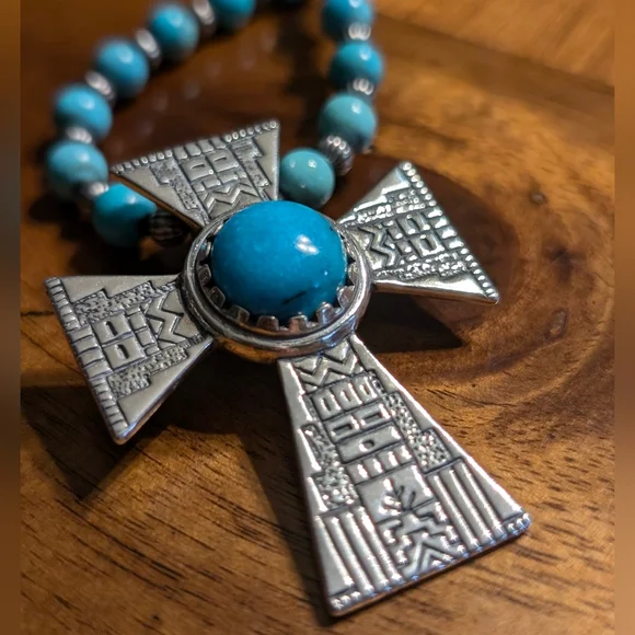 Carolyn Pollack & Roderick Tenorio Cross Enhancer Pendant w/ Turquoise Necklace - Picture 3 of 13